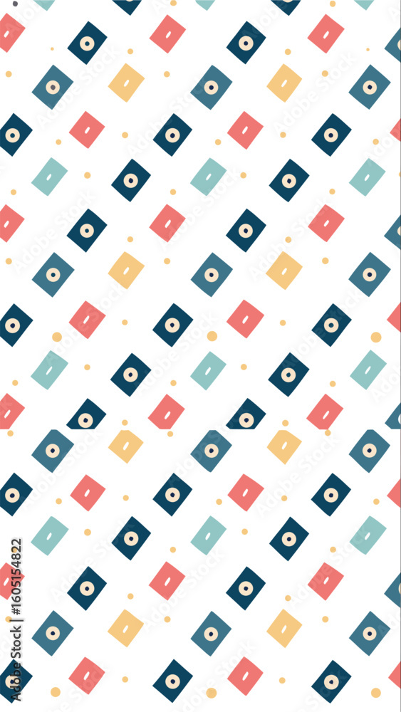Poster A charming geometric pattern featuring a repeating arrangement of small colorful diamond shapes with eye like centers on a white background