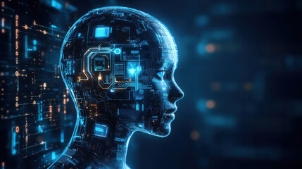 Digital human head with glowing circuitry and blue illumination on a blurred background