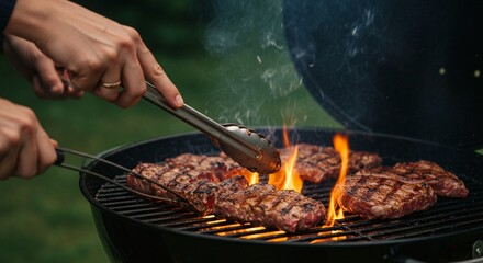 Steaks sizzle on the grill as someone uses tongs to maneuver the meat amidst flames and smoke.