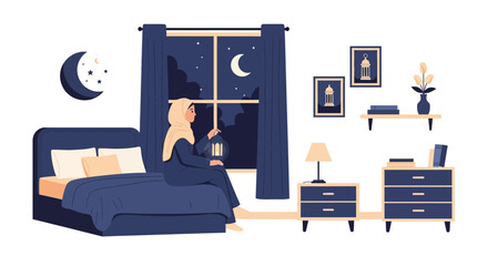 Muslim Woman Sitting On Bed Looking At Crescent Moon Through Window