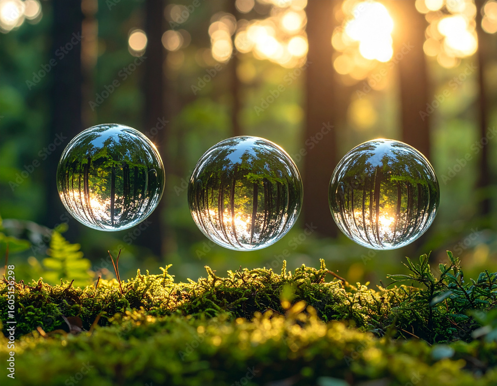 Poster three clear, levitating orbs capture and invert the golden glow of a sunset filtering through a verd