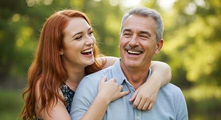 Fototapeta premium A smiling daughter embraces her laughing father in a sunny outdoor setting, celebrating family bonds.