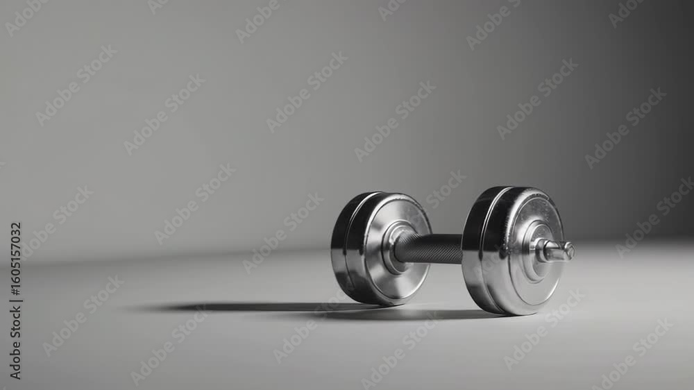 Poster metallic dumbbell rotating slowly against white background, transitioning from vertical to horizonta