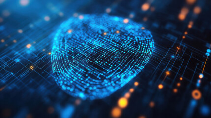 Abstract blue fingerprint with interconnected lines and glowing particles on dark background
