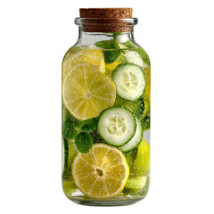 Infused water with lemon and cucumber in a glass bottle drink  isolated on transparent background