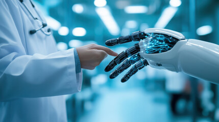 Doctor reaching towards a robot hand with glowing blue energy in a futuristic medical setting scene