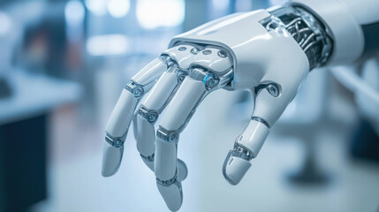 A close up view of a white robotic hand with visible internal mechanics and a blurred background