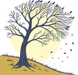 Silhouette of a tree with roots and seasonal branches in vector art style
