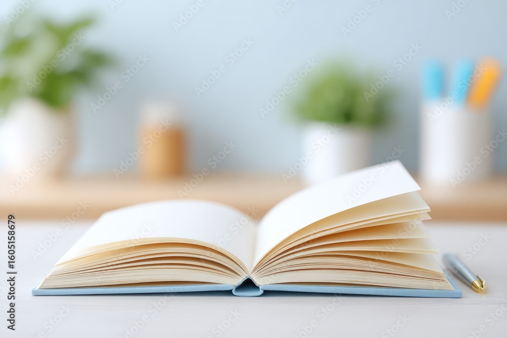 Poster clean image of open textbook with minimalistic design on white desk surrounded by stationery items