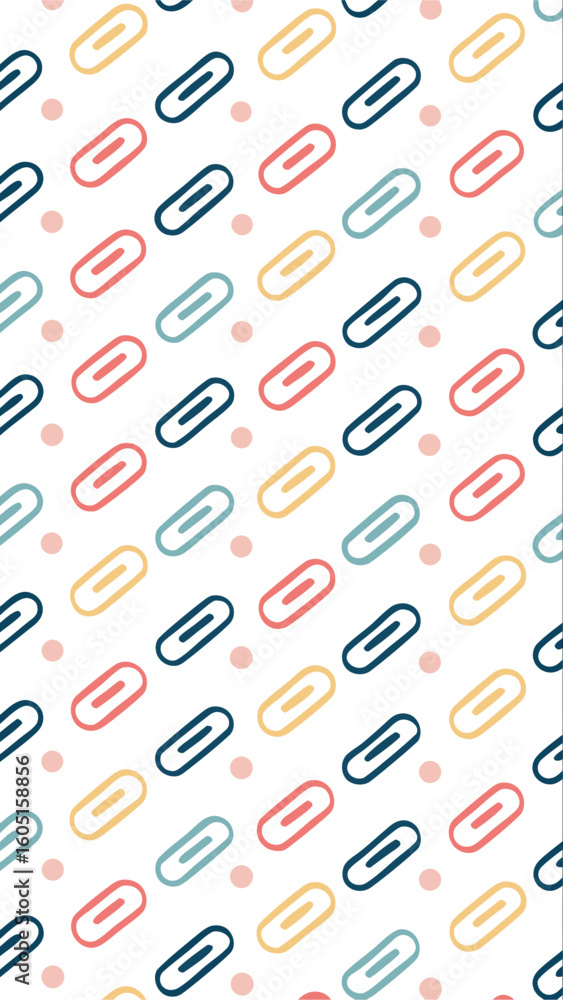 Poster a repeating pattern of colorful hand drawn paperclips on a white background with subtle dots