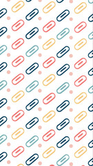 A repeating pattern of colorful hand drawn paperclips on a white background with subtle dots