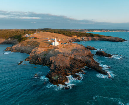 Inceburun Lighthouse in Sinop. Turkey. Inceburun is the northernmost point of the Turkey. Aerial shooting with drone.