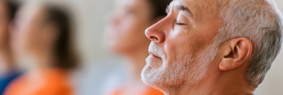 Close up of a senior man practicing mindfulness, eyes closed and breathing deeply during a meditation session, finding peace and stress relief - Powered by Adobe