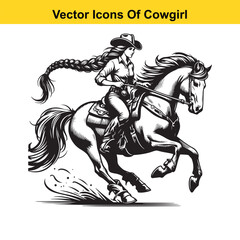 Fototapeta premium Cowgirl Riding Horse with Braid and Blowing Hat – Western Line Art Vector