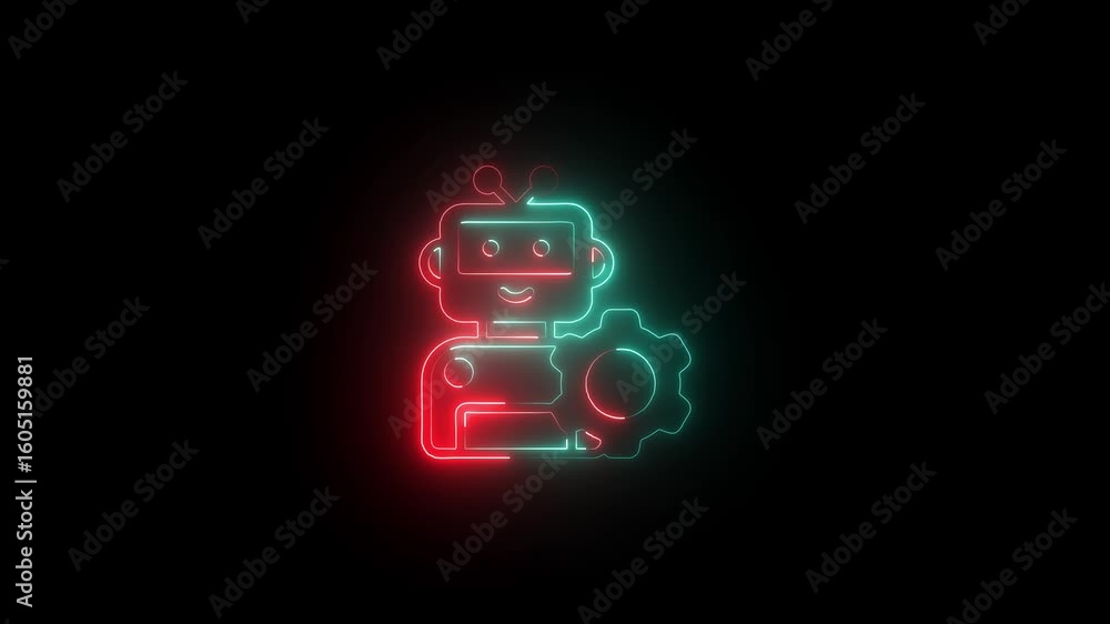 Poster ai robot tech icon in neon light on black background,futuristic bot gear glowing animation. cyan and