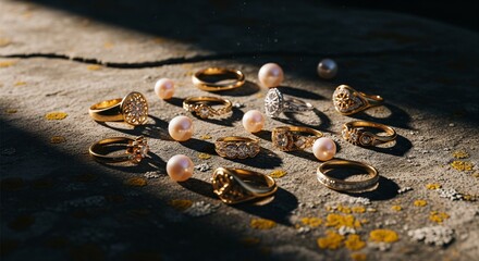 Luxurious jewelry: close-up of rings and pearls on a rustic stone