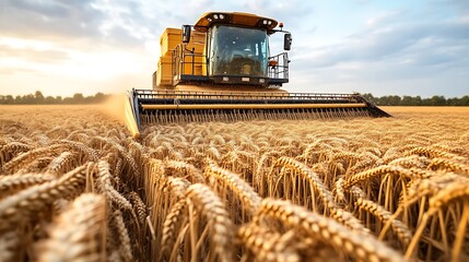 Fototapeta premium Golden wheat field being harvested by a large combine