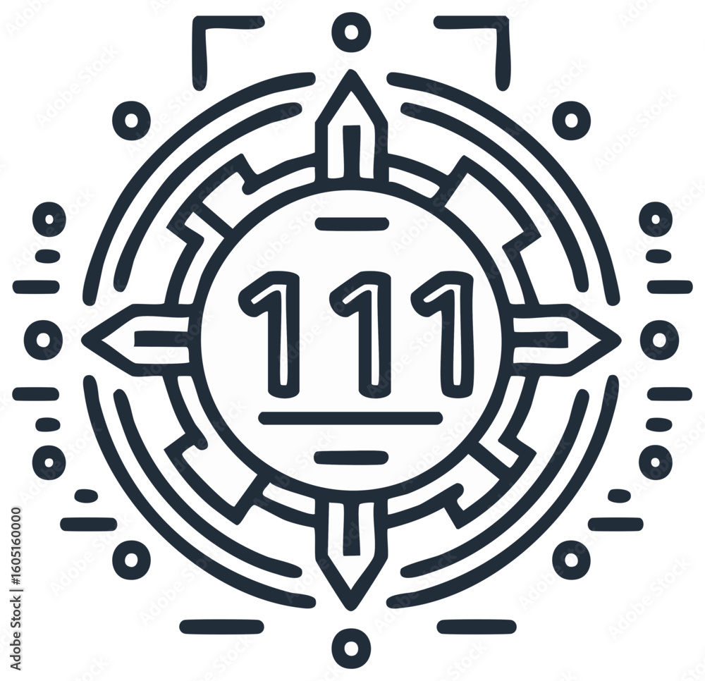 Poster abstract vector art of 111 in a minimalist circular maze shape with four directional markers