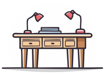 Wooden desk with two lamps and books vector illustration for a home office or study space