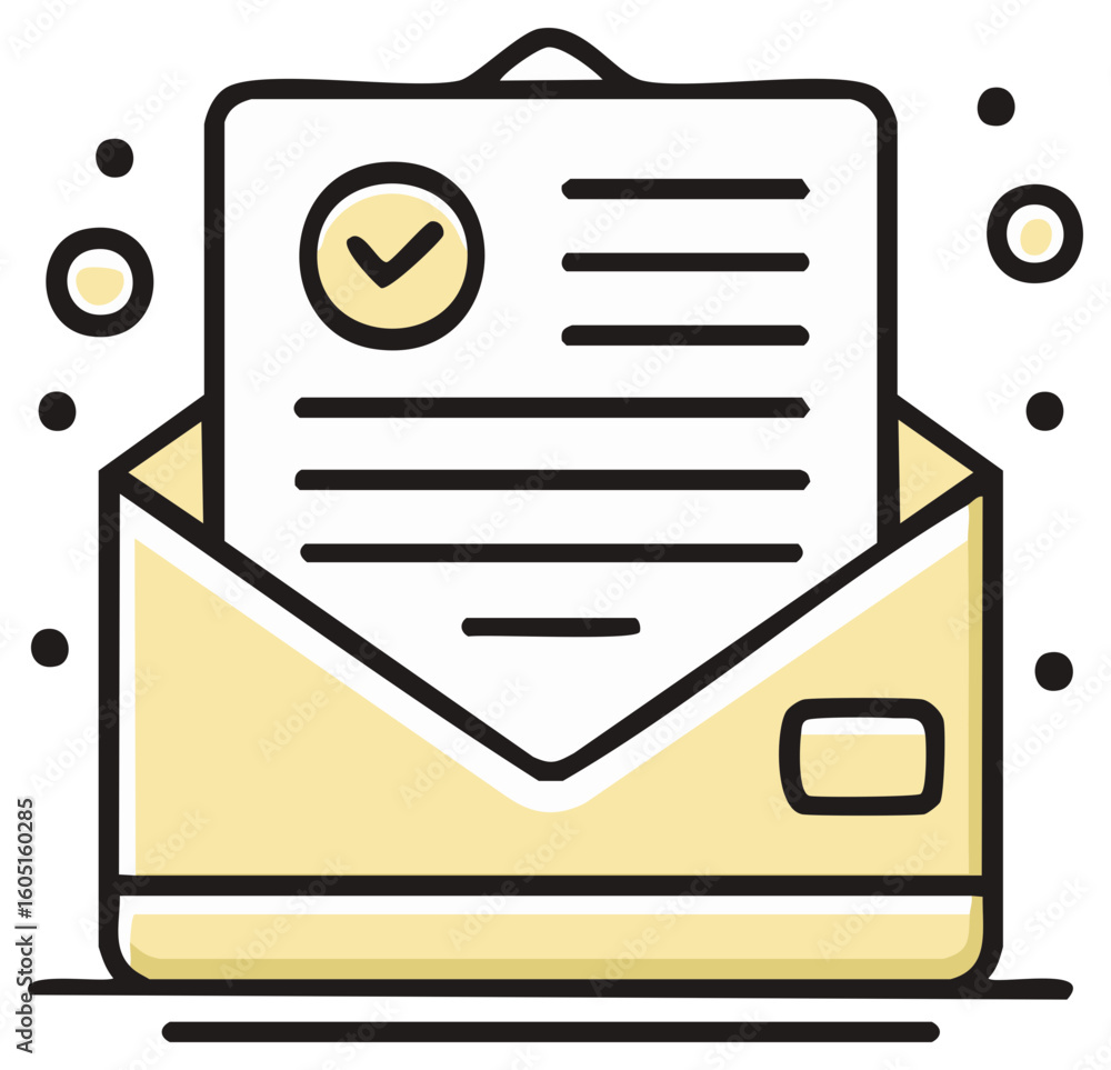 Aufkleber email notification with validated document in an open mail envelope and checkmark