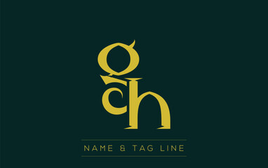 GH logo design. A sophisticated, minimalistic logo design featuring golden stylized typography,  perfect for branding concepts emphasizing luxury, professionalism, and contemporary aesthetics.