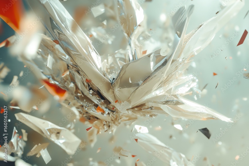 Poster abstract floating objects collide and create dynamic patterns in a surreal environment with vibrant 