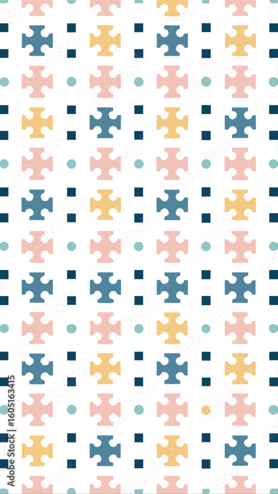 Poster a vertical stripe pattern featuring repeating geometric cross shapes in soft pastel colors on a whit