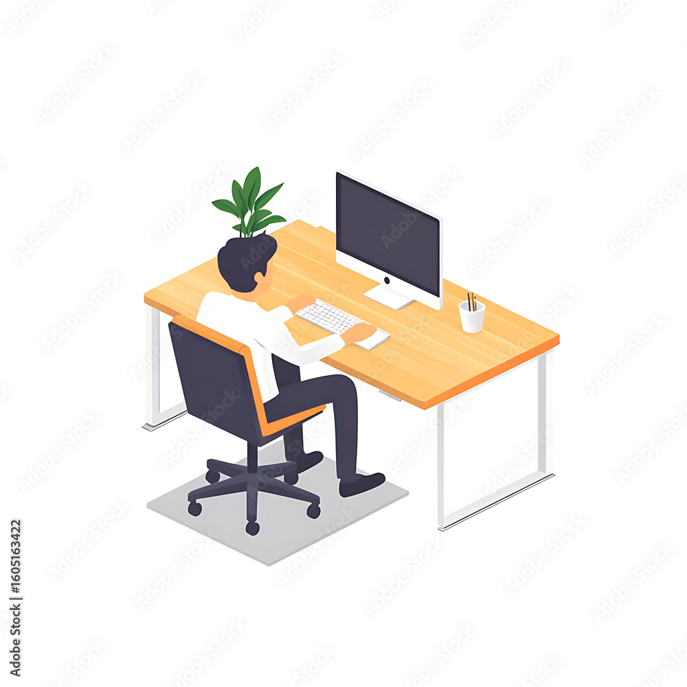 Poster isometric view of a person seated at a desk, working on a computer. the workstation features a monit