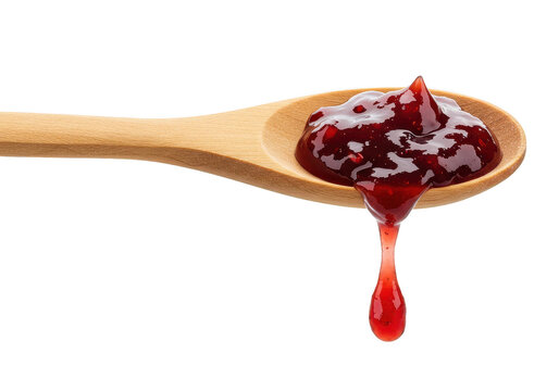 A wooden spoon holding a dollop of red fruit preserve dripping, isolated on a plain backdrop on transparent background