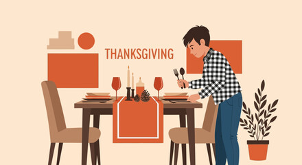 Fototapeta premium Preparing Thanksgiving Feast Table For Family And Festive Holiday Celebration