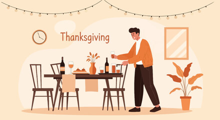 Fototapeta premium Preparing The Table For A Festive Thanksgiving Celebration With Loved Ones
