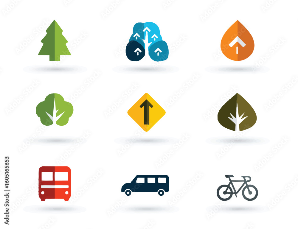 Poster collection of colorful vector icons representing nature transportation and directions perfect for we