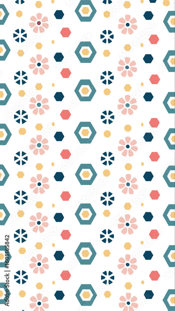 Poster charming retro floral and hexagonal pattern with a playful mix of pastel colors and geometric shapes