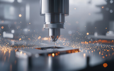 Advanced CNC machining center with cutting tools creating sparks during metalworking process in industrial factory