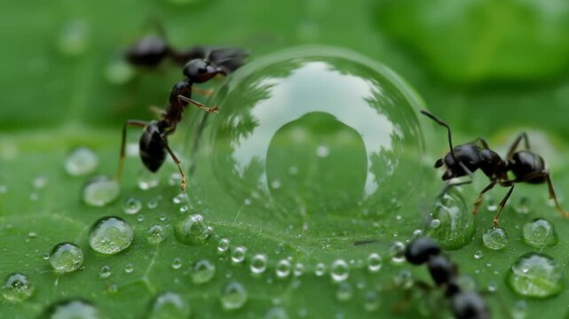 Macro vedio of Ants Drinking from a Water Drop on a Leaf