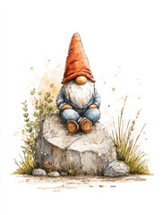 Charming watercolor illustration of gnome with red hat sitting peacefully on rock surrounded by grass and small plants in nature
