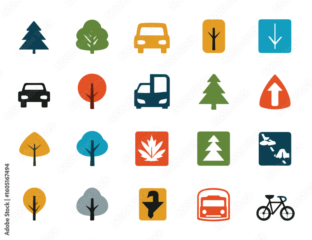 Poster collection of vector icons illustrating various aspects of urban and natural environments with trans