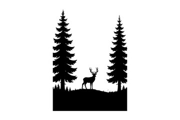 Silhouette Forest Landscape with Pine Trees and Deer Illustration on a Clean White Background for Creative Design Projects