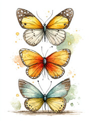 Obraz premium Watercolor painting of three colorful butterfly with detailed wings and soft background splashes creating delicate natural artistic feel