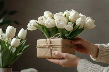 Woman handing over a gift box with fresh white tulips in a cozy and warm indoor setting