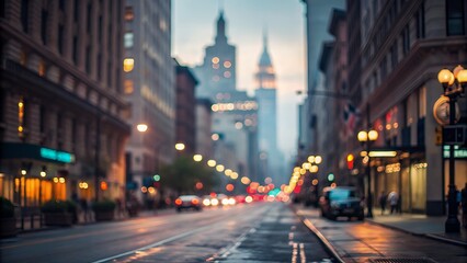 Obraz premium Urban street view with blurred lights and city buildings afar