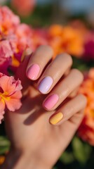 Fototapeta premium Hand displaying colorful nail art with pink, purple, and yellow shades, surrounded by vibrant flowers, showcasing a beautiful springtime aesthetic and creative expression