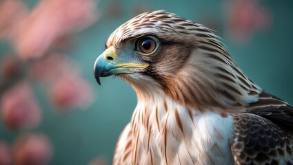 Obraz premium Close up profile of a majestic hawk with piercing eyes and detailed feathers against a soft bokeh background