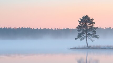 Misty lake sunrise with lone pine