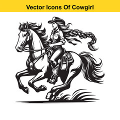Obraz premium Cowgirl Riding Horse with Braid and Blowing Hat – Western Line Art Vector