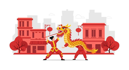 Vibrant Dragon Dance Celebrating Chinese Lunar New Year Festivities