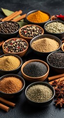 Fototapeta premium Various spices in small bowls on a dark surface.