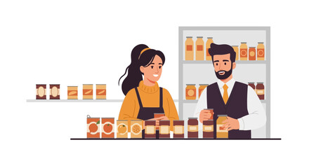Smiling Grocers Stacking Canned Goods On Shelves In A Local Food Store
