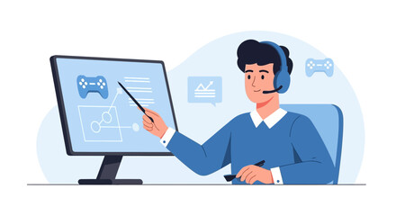 Virtual Game Development Course Instructor Explaining Statistics Charts On Computer