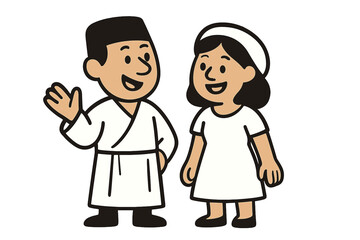 Obraz premium Traditional orthodox Jewish wedding attire and national dress depicted in a set of cartoon characters wearing customary costumes, featuring cute people in flat illustrations